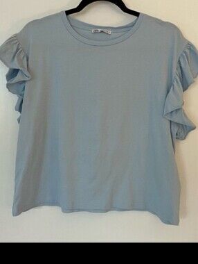 Zara Pale Blue Ruffle Sleeve Tee - Women